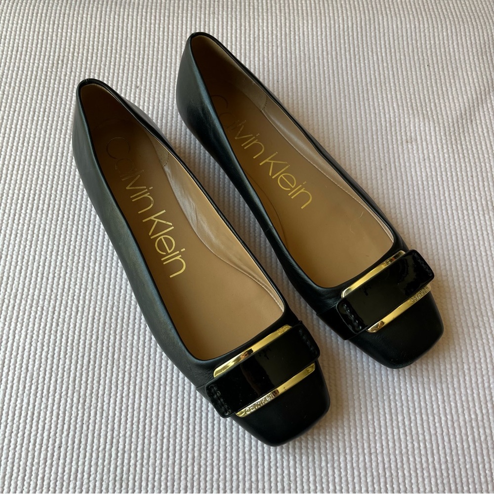 Calvin Klein Black Leather Square-Toe Flats with Gold Accent